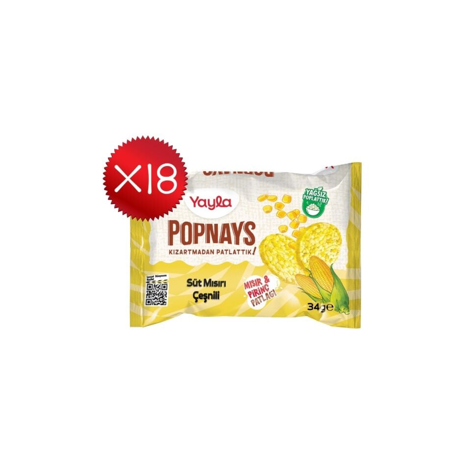 34 g Yayla Popnays Süt Mısır Çeşnili Mısır ve Pirinç Patlağı (18'li Koli)