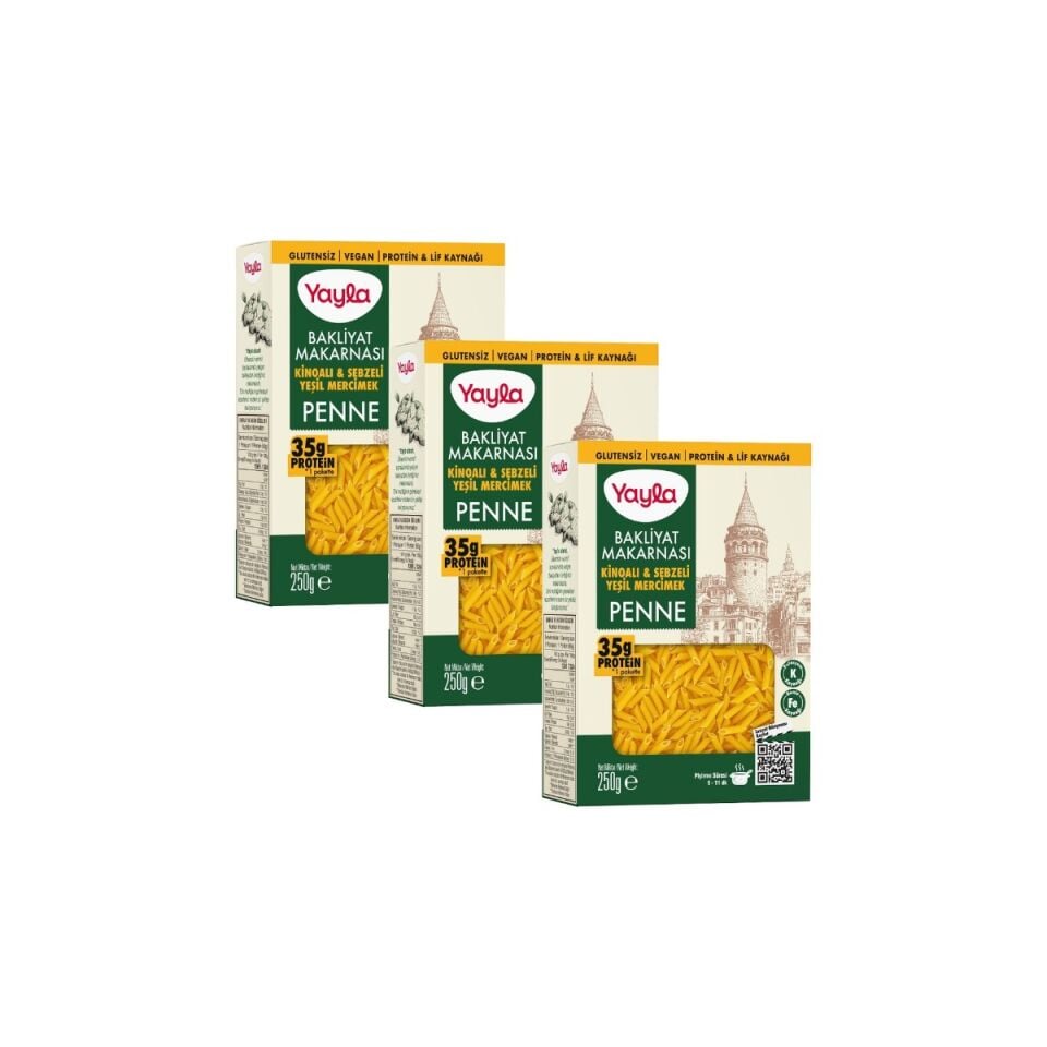 250 g Yayla Bakliyat Makarnası Kinoalı Sebzeli Yeşil Mercimek Penne (12'li Koli)